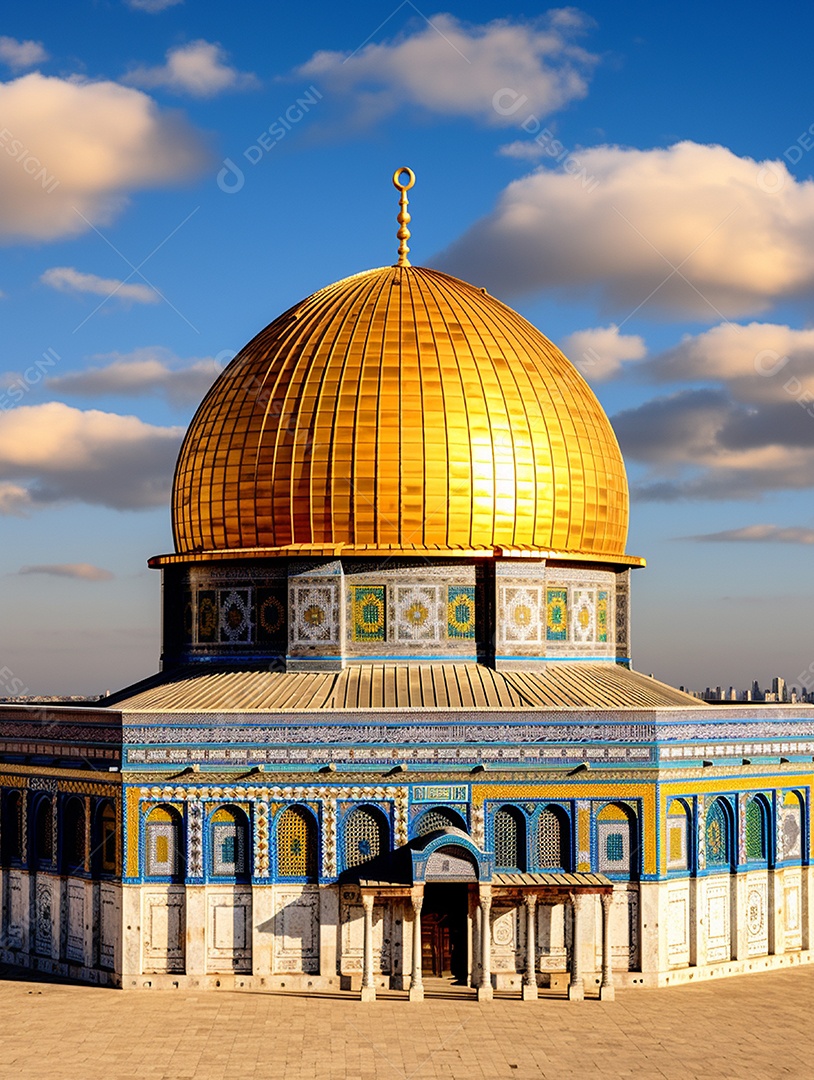 Luxuosa mesquita islâmica com cúpula dourada.