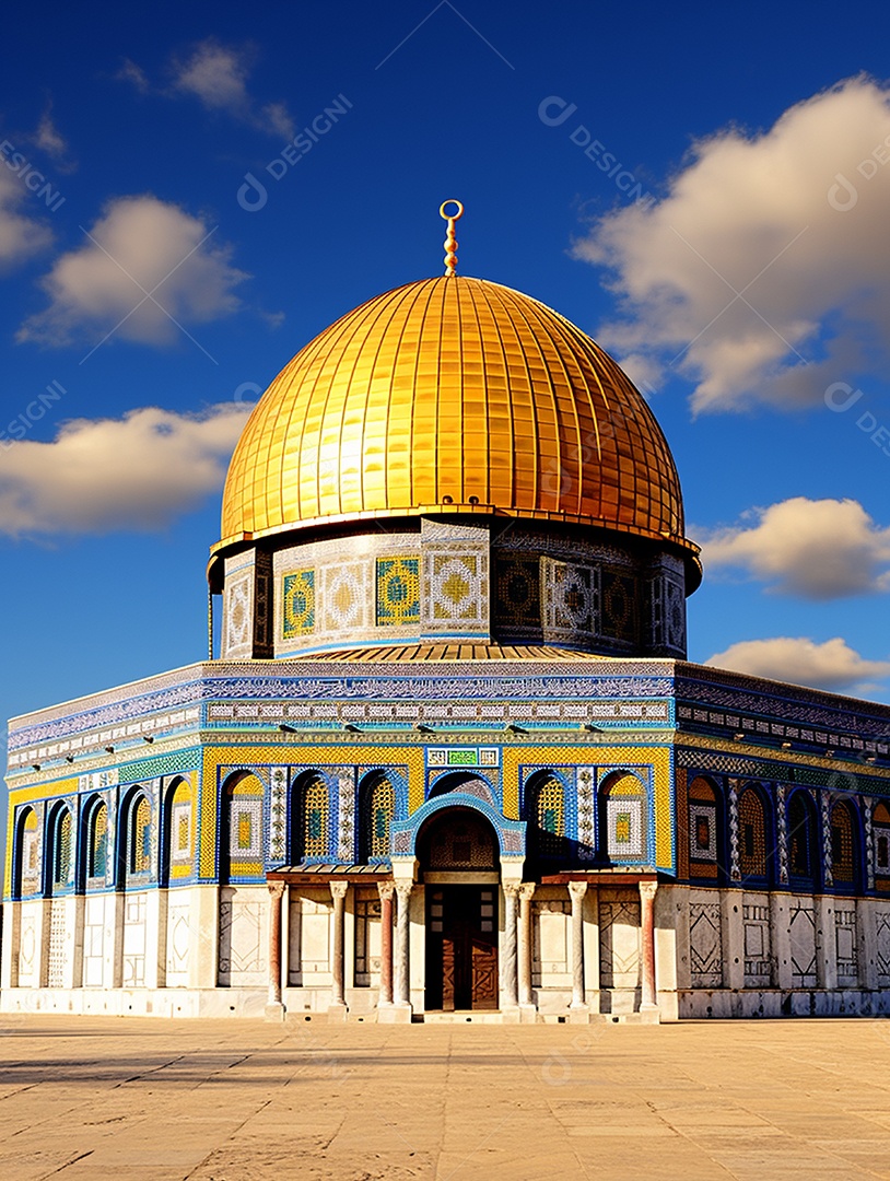 Luxuosa mesquita islâmica com cúpula dourada.