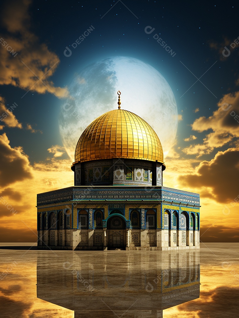 Luxuosa mesquita islâmica com cúpula dourada.