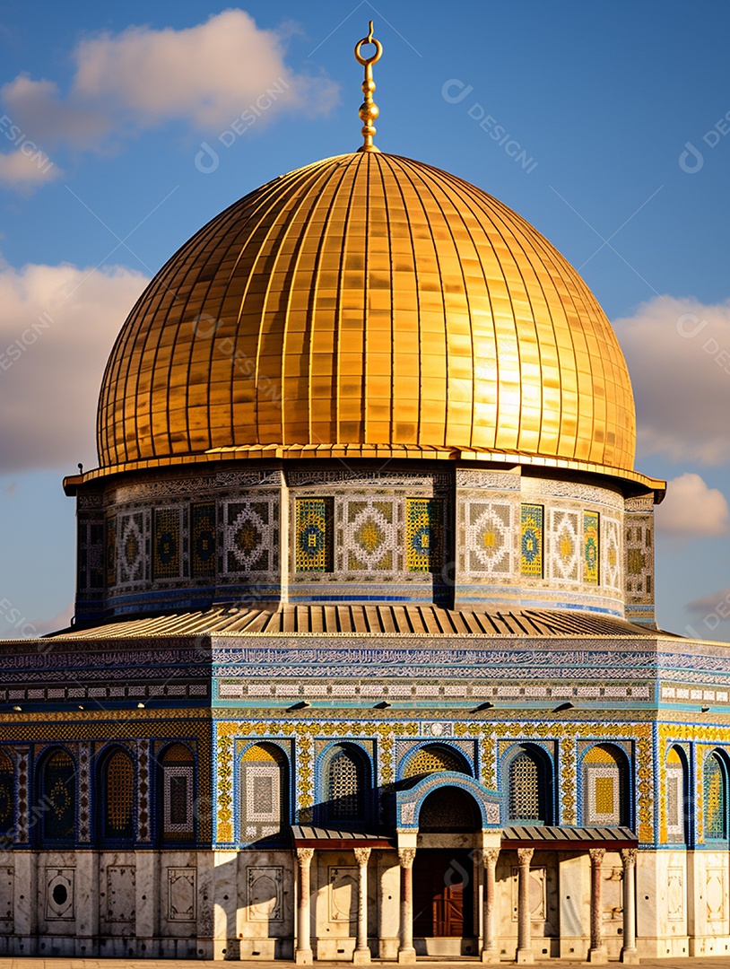 Luxuosa mesquita islâmica com cúpula dourada.