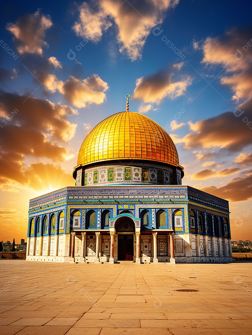 Luxuosa mesquita islâmica com cúpula dourada.