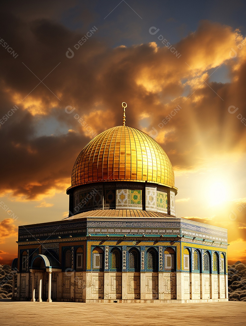 Luxuosa mesquita islâmica com cúpula dourada.