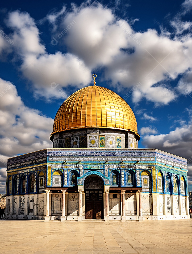 Luxuosa mesquita islâmica com cúpula dourada.