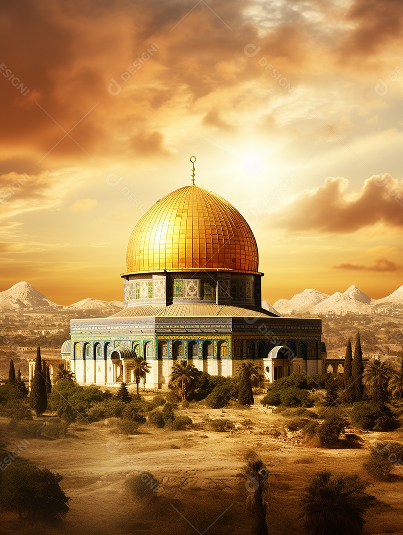 Mesquita islâmica com cúpula dourada localizada em um deserto.