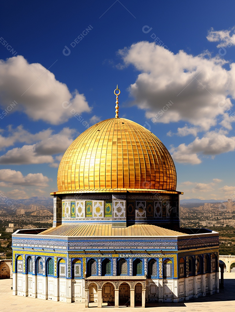 Luxuosa mesquita islâmica com cúpula dourada.