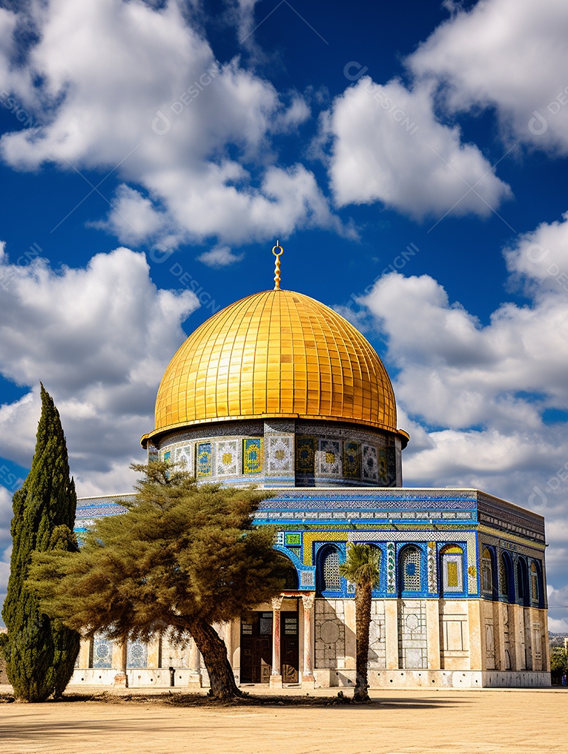 Luxuosa mesquita islâmica com cúpula dourada.