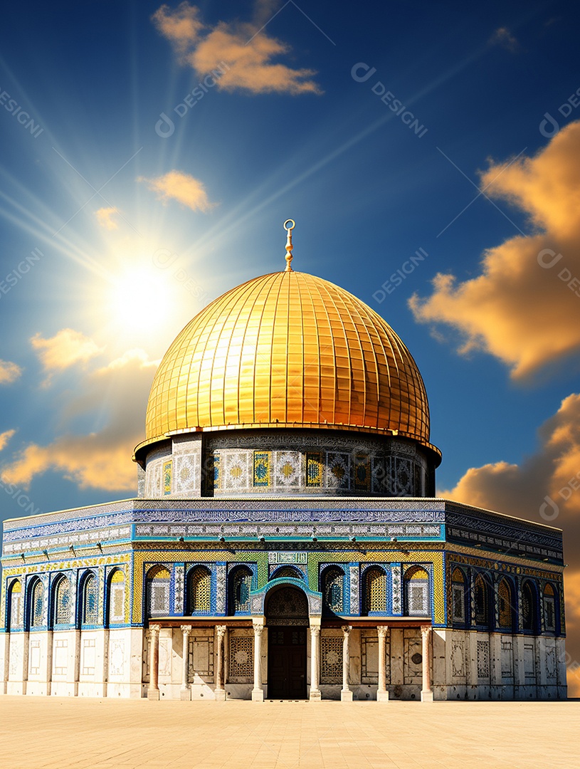 Luxuosa mesquita islâmica com cúpula dourada.