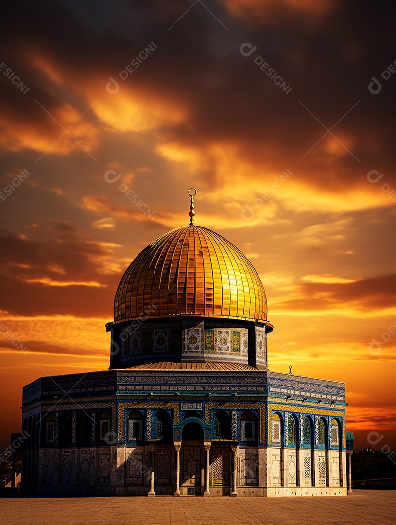 Luxuosa mesquita islâmica com cúpula dourada.