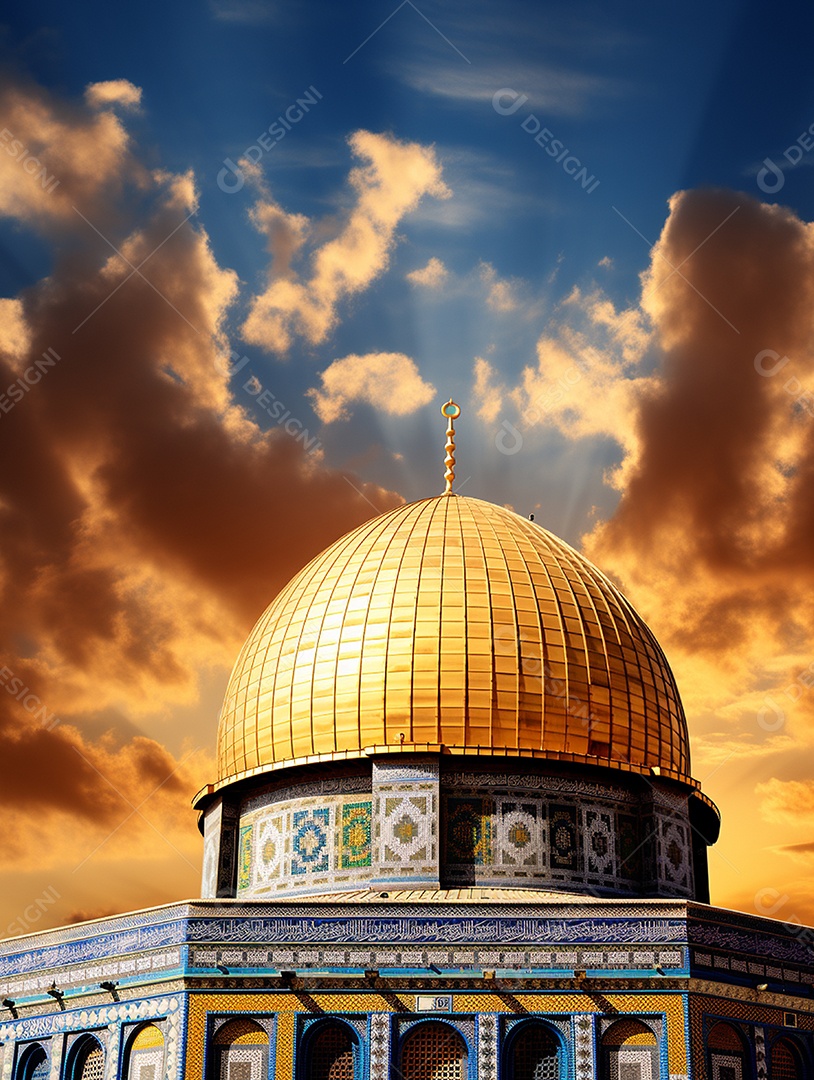 Luxuosa mesquita islâmica com cúpula dourada.
