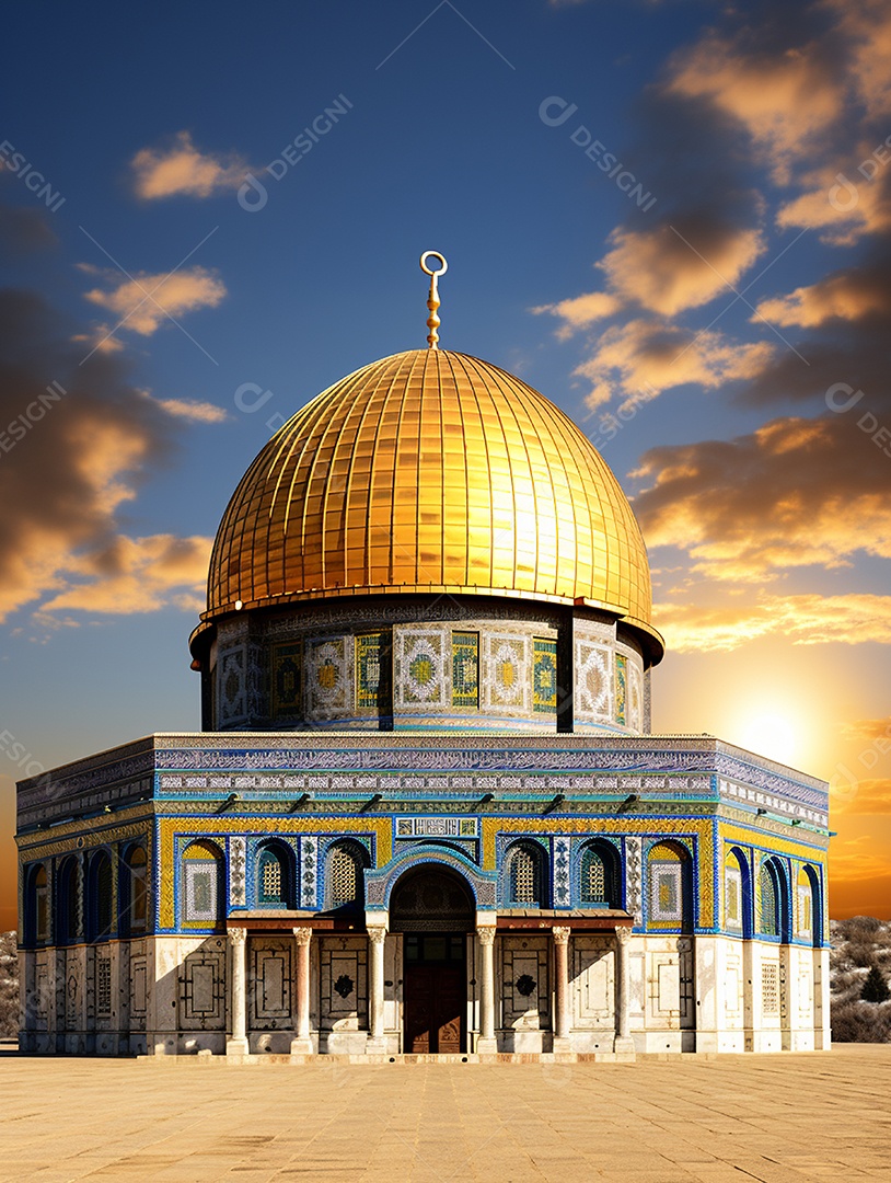 Luxuosa mesquita islâmica com cúpula dourada.