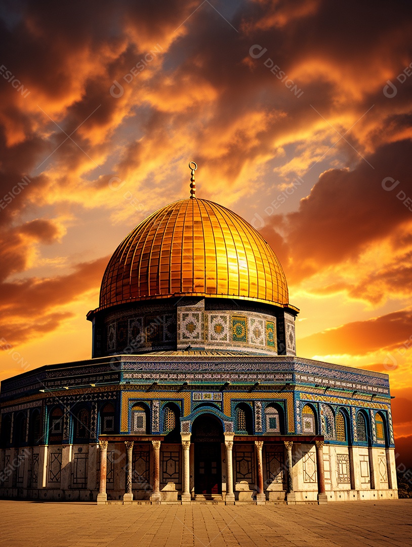 Luxuosa mesquita islâmica com cúpula dourada.