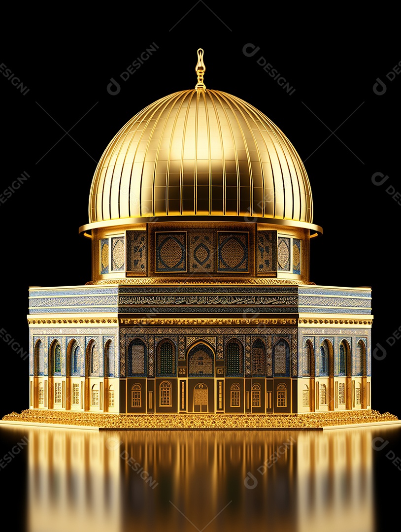 Luxuosa mesquita islâmica dourada sobre fundo escuro.