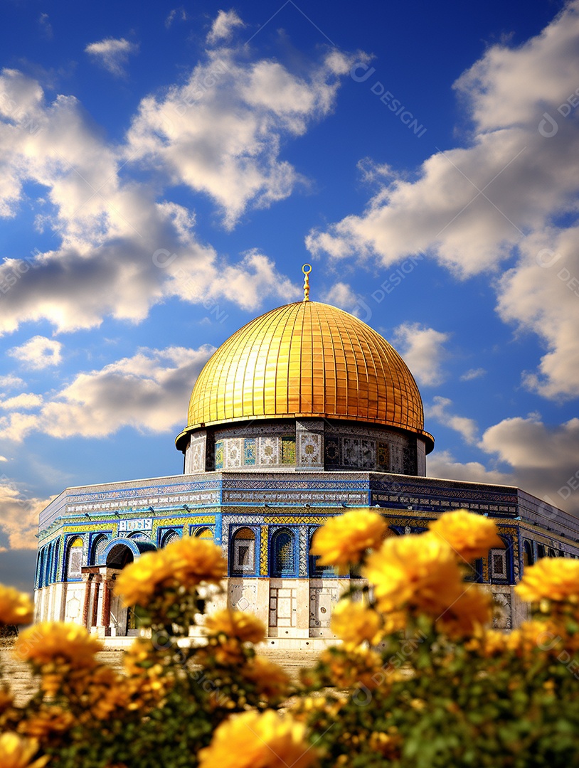 Flores amarelas sobre fundo de uma mesquita islâmica com cúpula dourada.