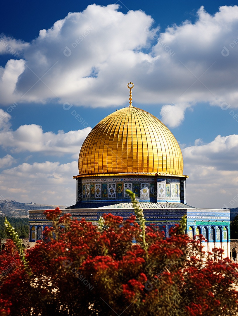 Flores vermelha sobre fundo de uma mesquita islâmica com cúpula dourada.