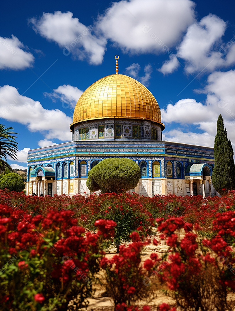 Jardim em frente a uma mesquita islâmica com cúpula dourada,