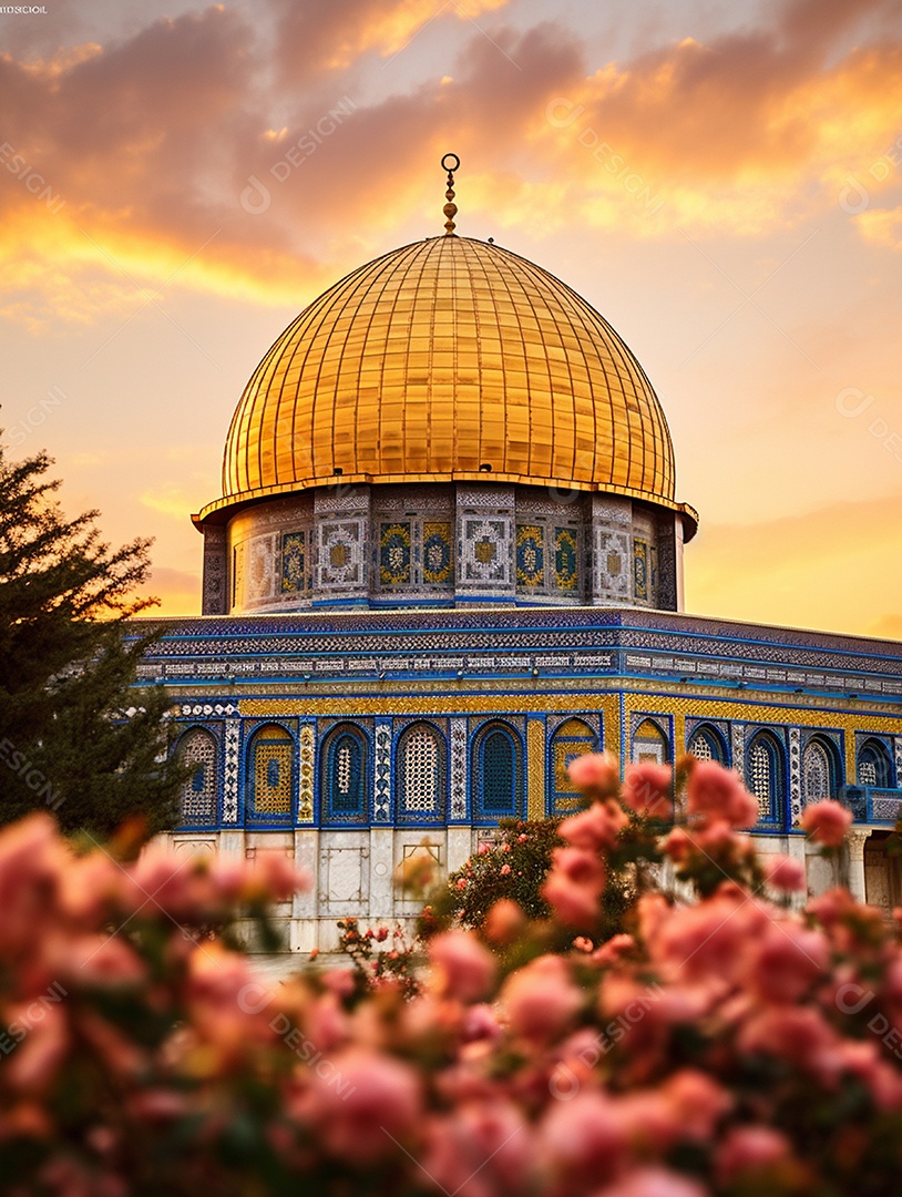 Jardim em frente a uma mesquita islâmica com cúpula dourada,