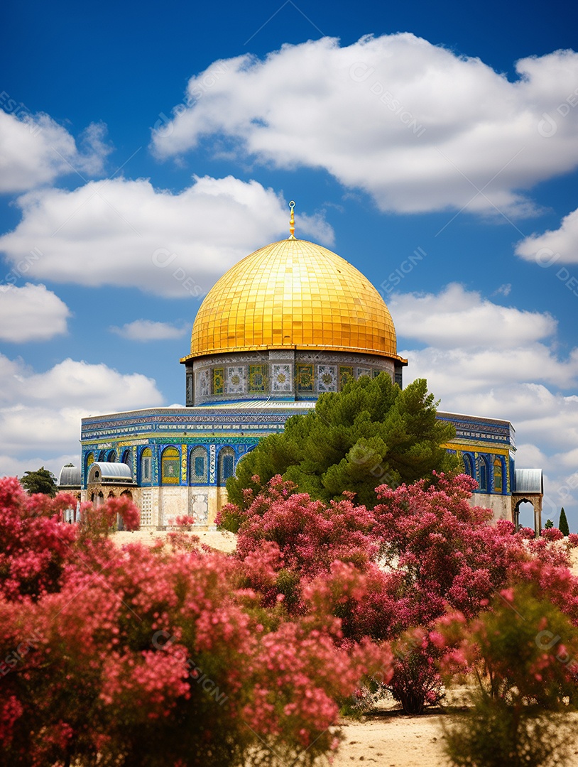 Jardim em frente a uma mesquita islâmica com cúpula dourada,