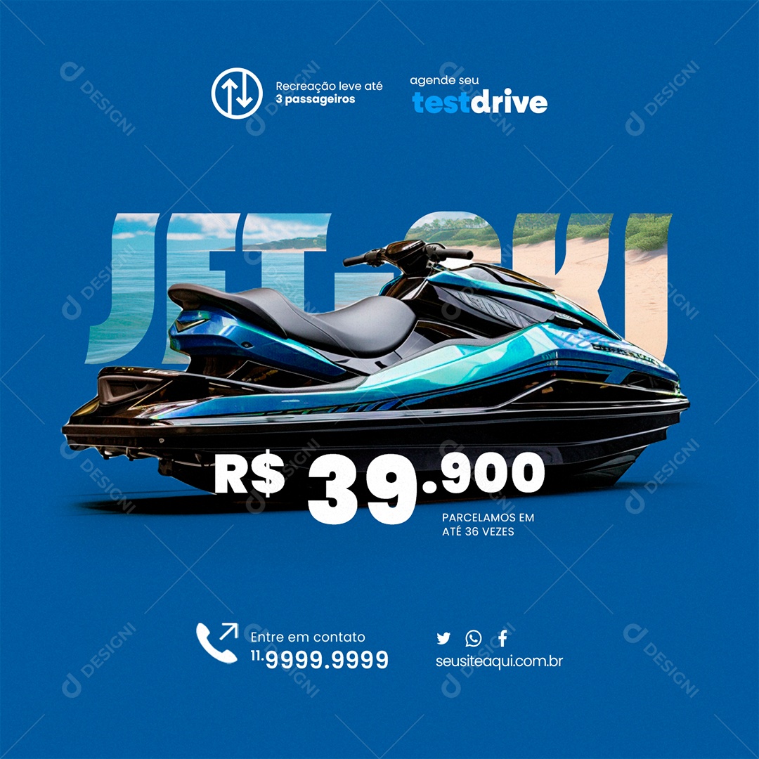 Jet Ski Recreação Leve Até 3 Passageiros Agende seu Test Drive Social Media PSD Editável