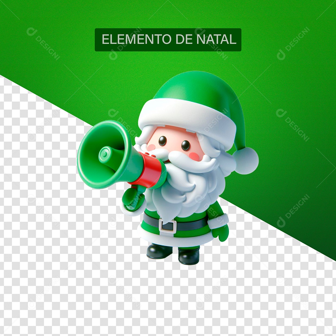 Papai Noel com Megafone Elemento 3D Verde Branco para Composição PSD