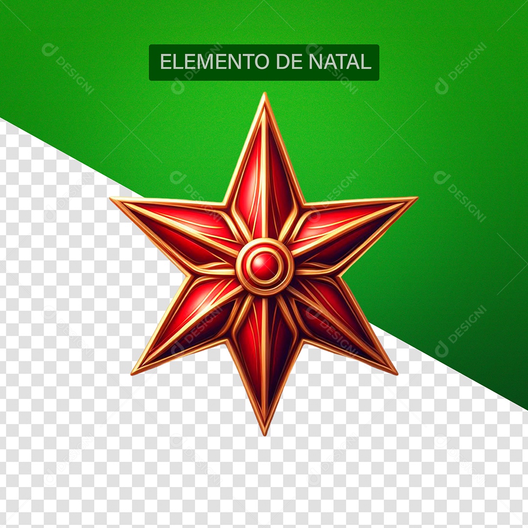 Estrela de Natal Elemento 3D Vermelho Dourado para Composição PSD