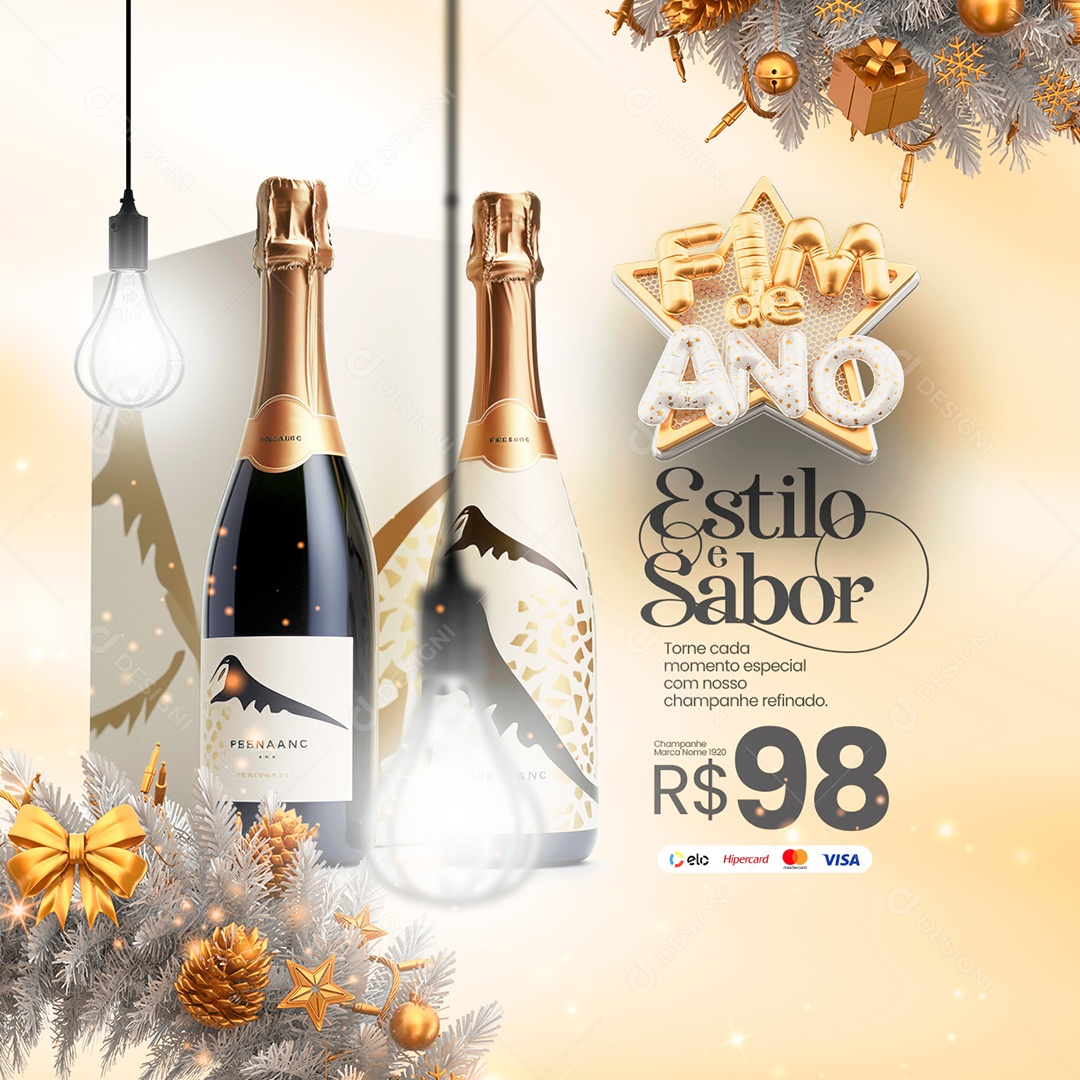 Loja de Bebidas Fim de Ano Champanhe Estilo e Sabor Torne Cada Momento Especial Social Media PSD Editável