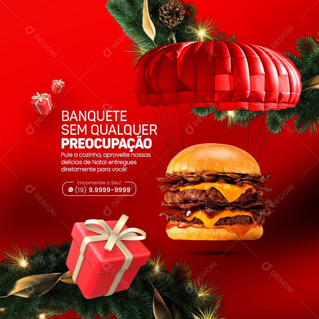 Delivery Natal Hamburgueria Banquete sem Qualquer Preocupação Pule a Cozinha Social Media PSD Editável