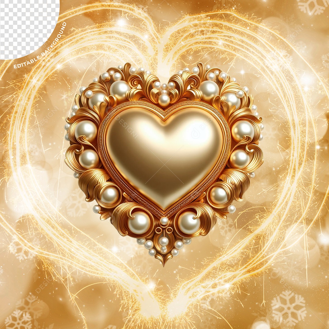 Coração de Ano Novo Elemento 3D Dourado para Composição PSD