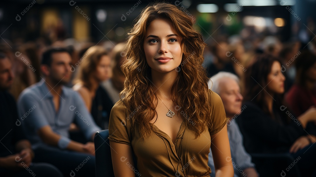 Uma gerente engaja o público com perguntas perspicazes no seminário de negócios no centro de convenções