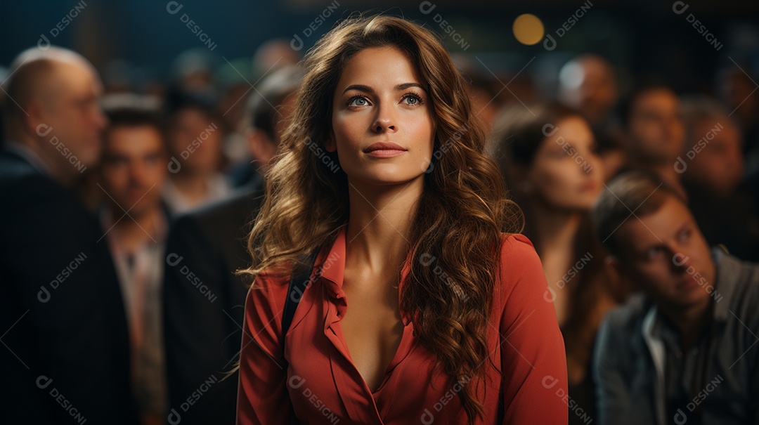 Uma gerente engaja o público com perguntas perspicazes no seminário de negócios no centro de convenções