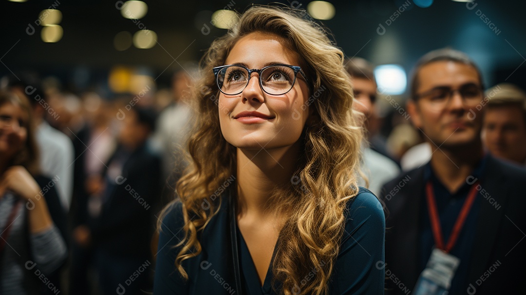 Uma gerente engaja o público com perguntas perspicazes no seminário de negócios no centro de convenções