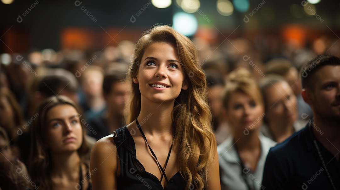 Uma gerente engaja o público com perguntas perspicazes no seminário de negócios no centro de convenções