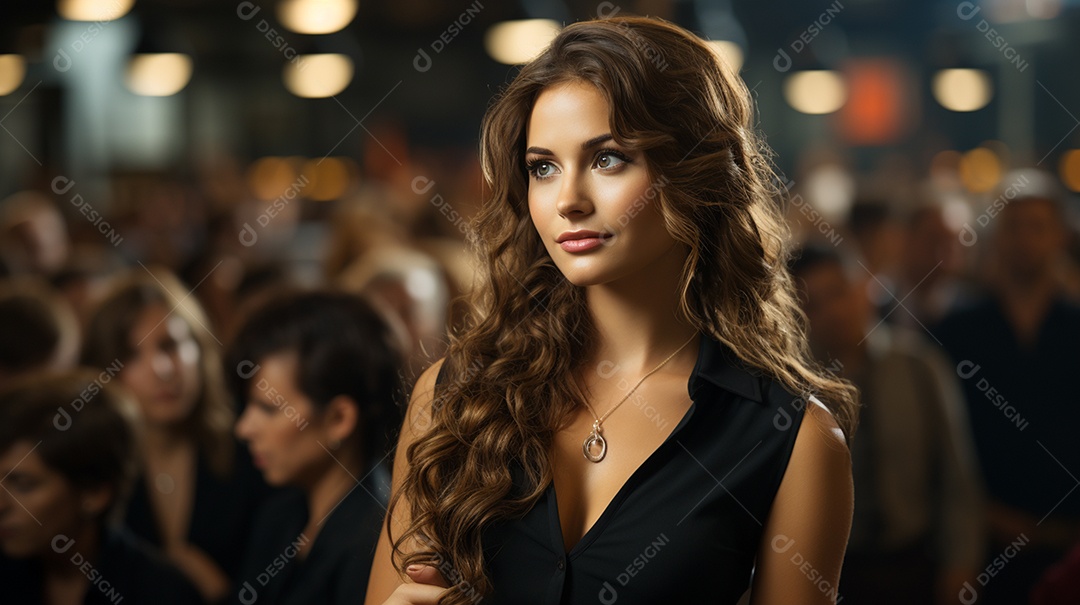 Uma gerente engaja o público com perguntas perspicazes no seminário de negócios no centro de convenções