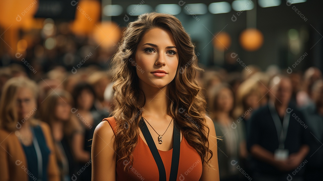 Uma gerente engaja o público com perguntas perspicazes no seminário de negócios no centro de convenções