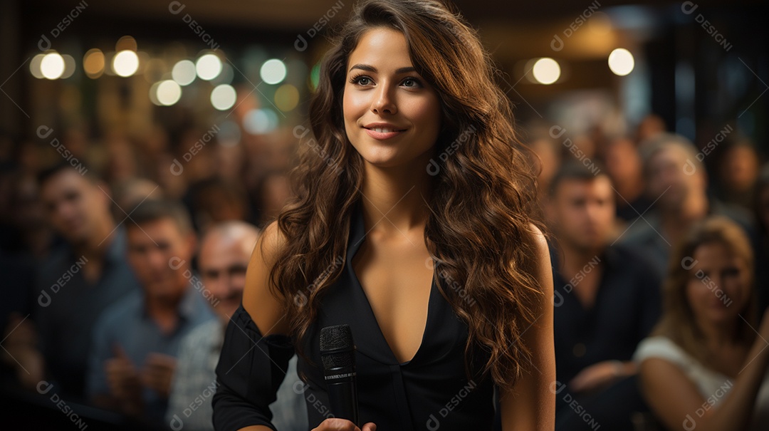 Uma gerente engaja o público com perguntas perspicazes no seminário de negócios no centro de convenções