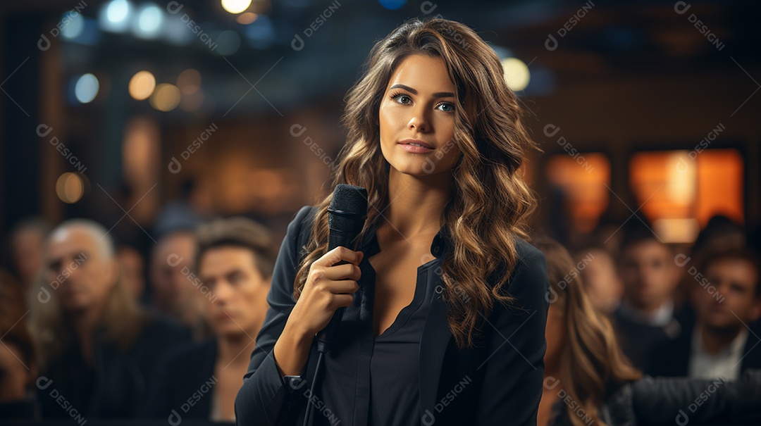 Uma gerente engaja o público com perguntas perspicazes no seminário de negócios no centro de convenções