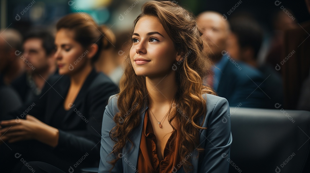 Uma gerente engaja o público com perguntas perspicazes no seminário de negócios no centro de convenções