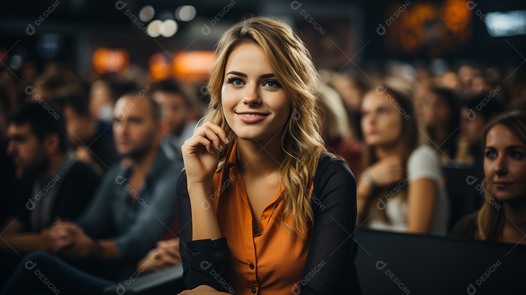 Uma gerente engaja o público com perguntas perspicazes no seminário de negócios no centro de convenções