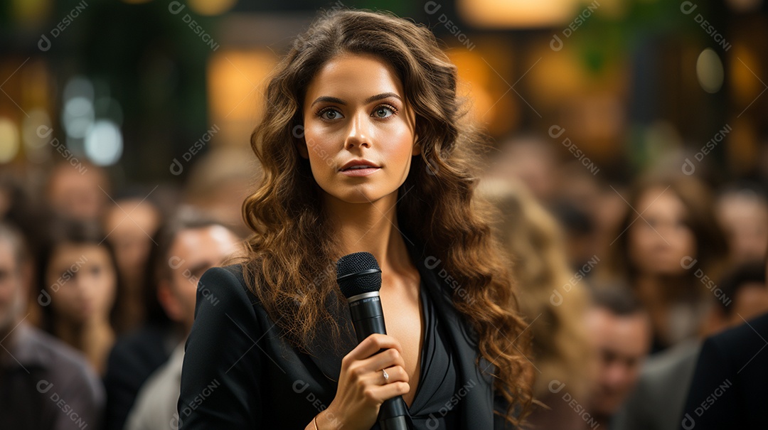 Uma gerente engaja o público com perguntas perspicazes no seminário de negócios no centro de convenções