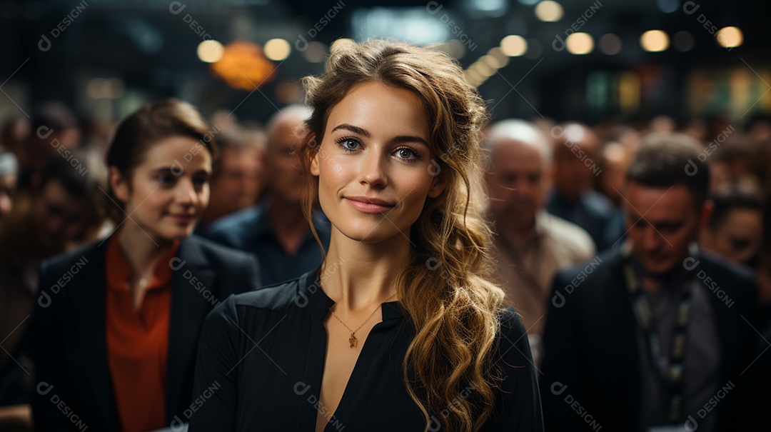 Uma gerente engaja o público com perguntas perspicazes no seminário de negócios no centro de convenções