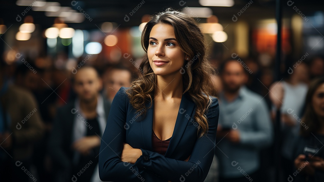 Uma gerente engaja o público com perguntas perspicazes no seminário de negócios no centro de convenções