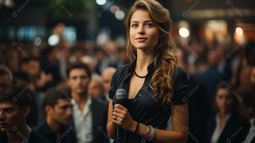 Uma gerente engaja o público com perguntas perspicazes no seminário de negócios no centro de convenções