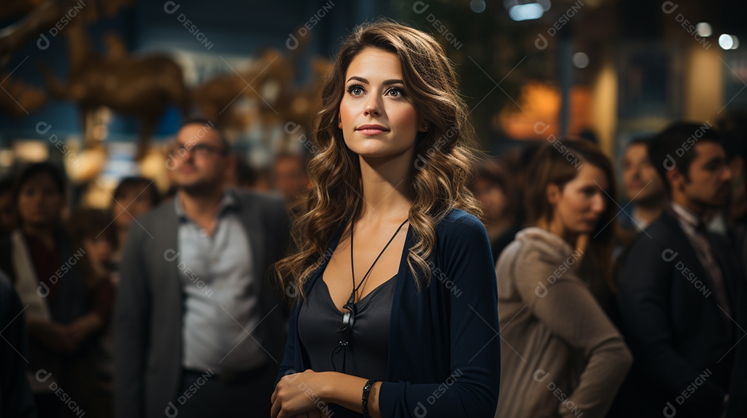 Uma gerente engaja o público com perguntas perspicazes no seminário de negócios no centro de convenções