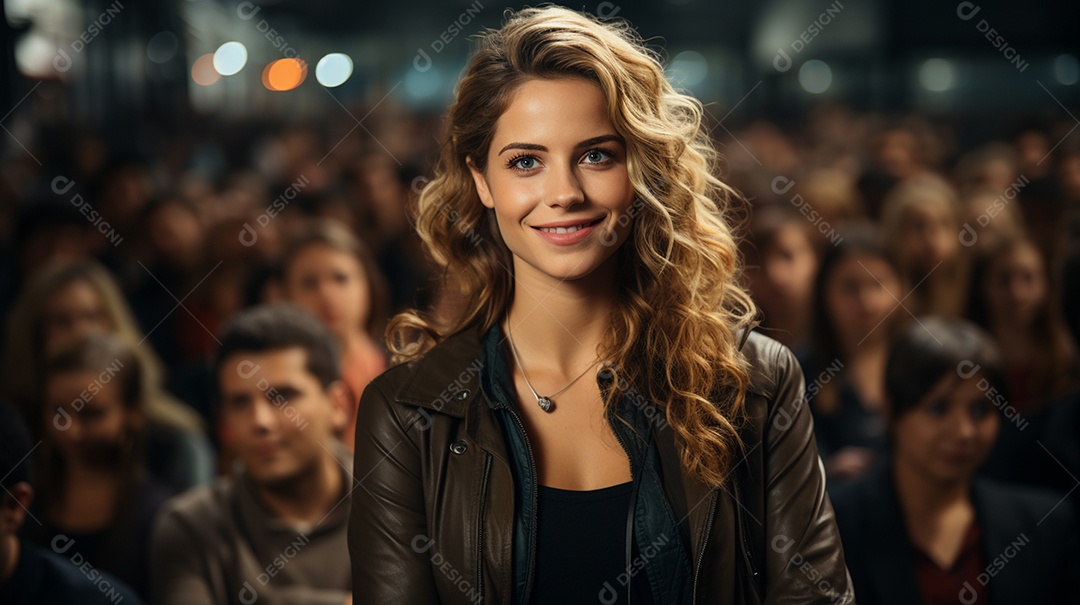 Uma gerente engaja o público com perguntas perspicazes no seminário de negócios no centro de convenções