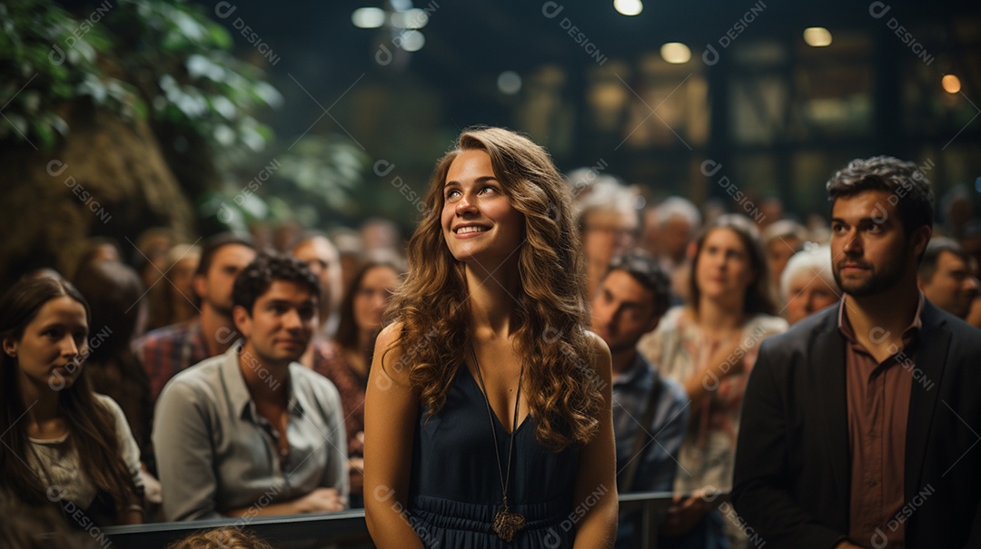 Uma gerente engaja o público com perguntas perspicazes no seminário de negócios no centro de convenções