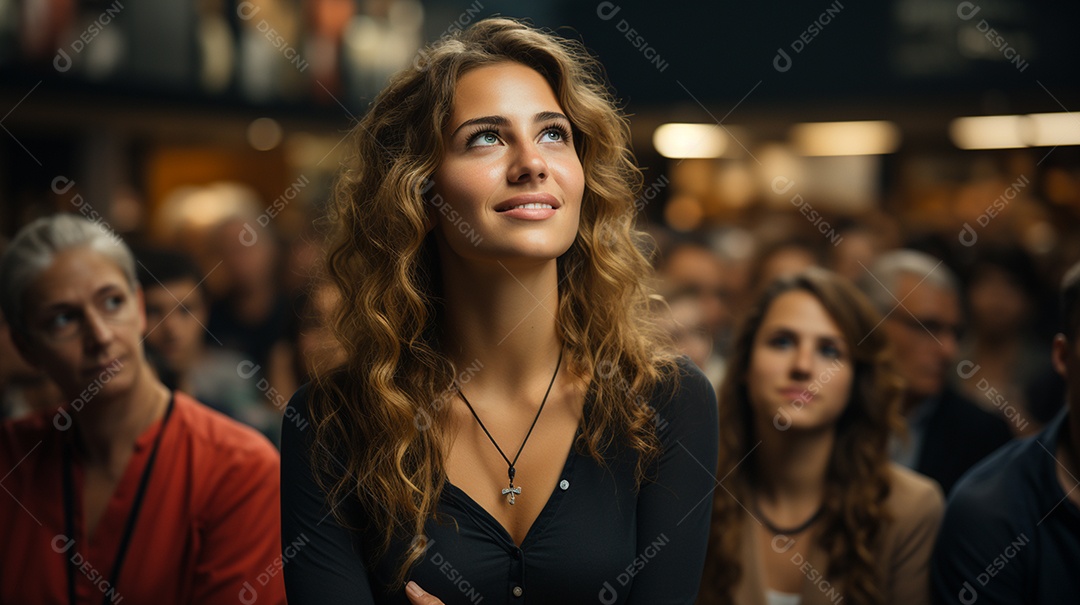 Uma gerente engaja o público com perguntas perspicazes no seminário de negócios no centro de convenções