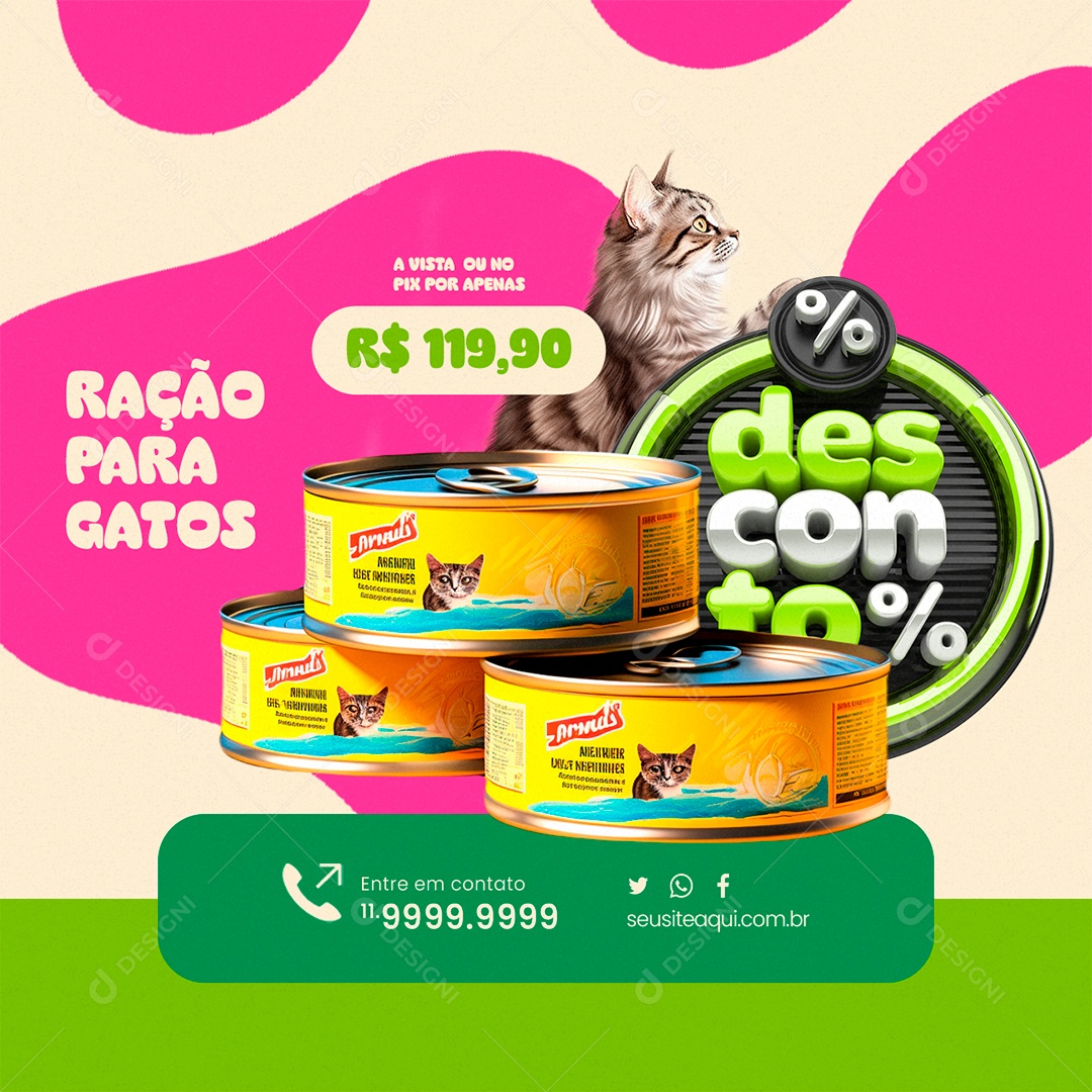 Pet Shop Ração para Gatos A Vista ou no Pix por Apenas Desconto Social Media PSD Editável