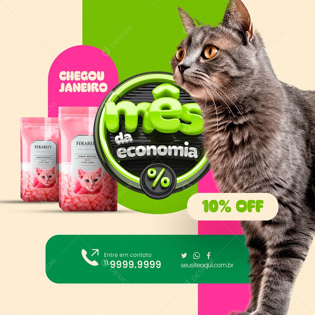 Pet Shop Chegou Janeiro Mês da Economia 10% Off Gato Felinos Social Media PSD Editável