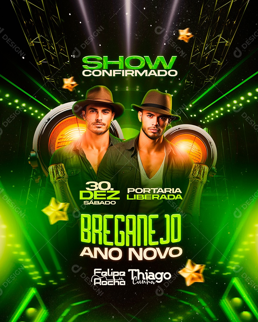 Flyer Réveillon Show Confirmado Felipe Rocha Thiago Cunha Breganejo Social Media PSD Editável