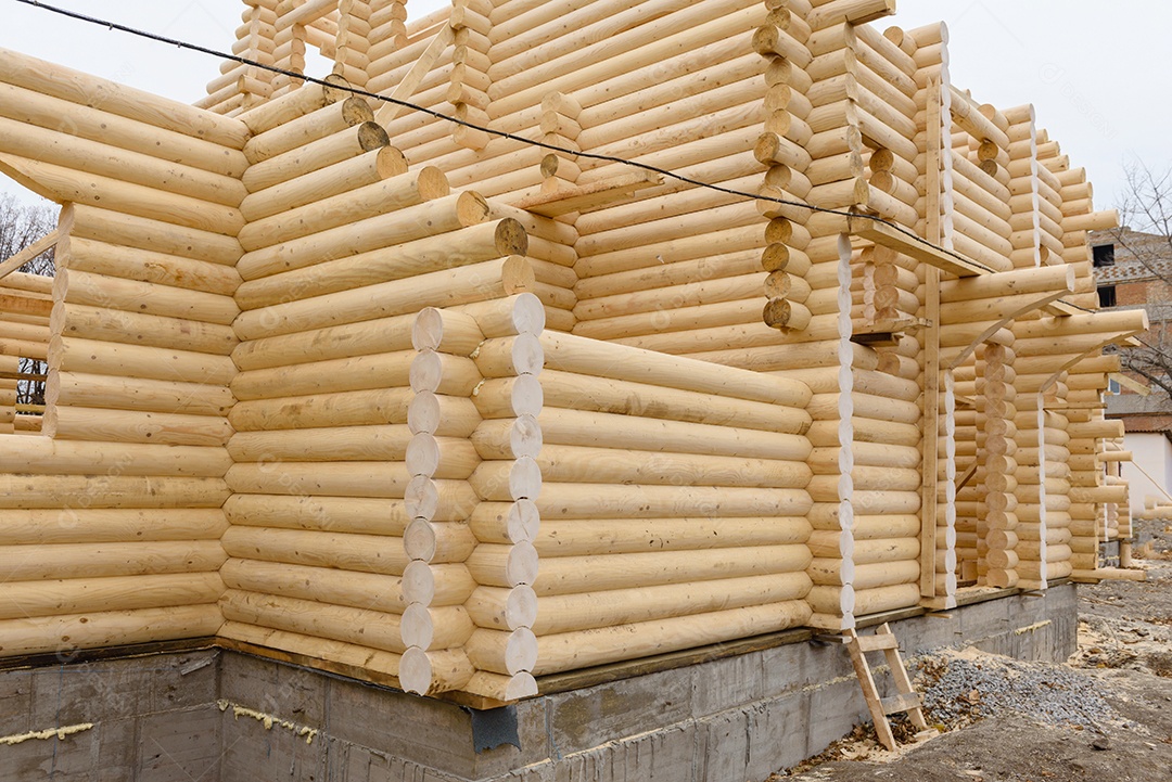 Construção de uma igreja cristã feita de toras de madeira tratada à mão sem pregos