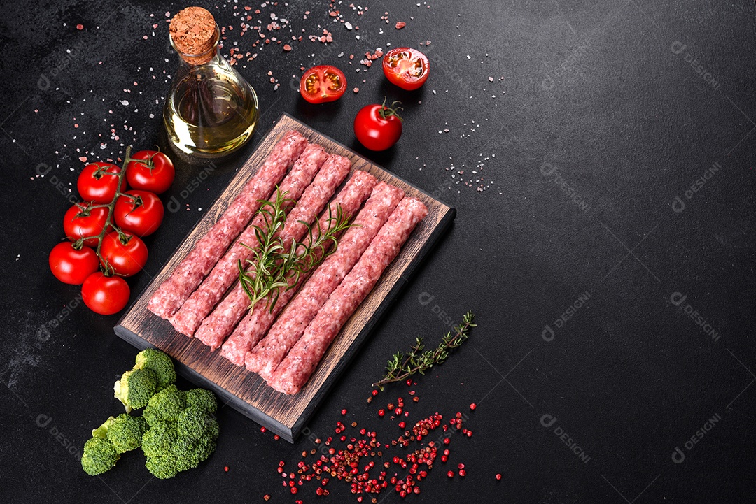 Salsichas de porco cruas frescas com especiarias numa tábua de madeira sobre uma mesa de concreto escuro